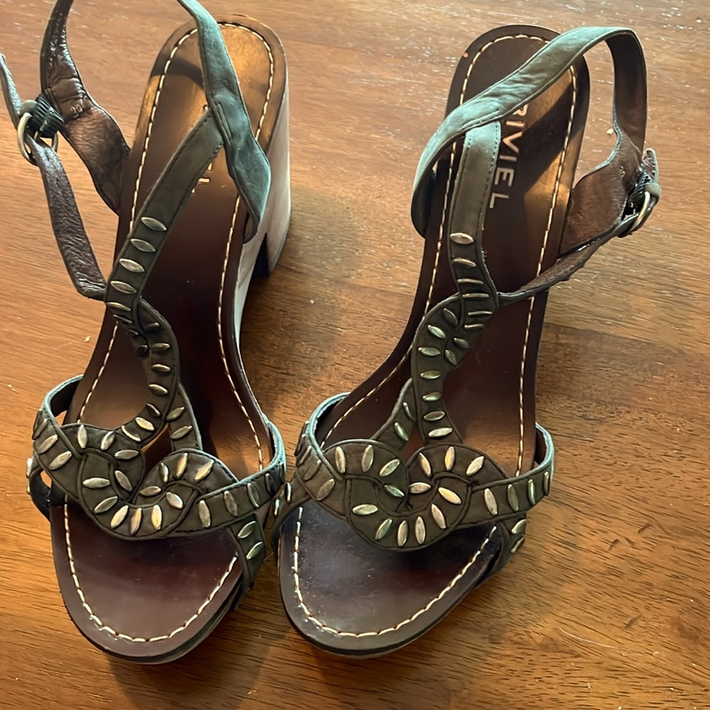 Bivel leather wedge sandals. Wood bottom. Size 39/8.5  3inch wedge.